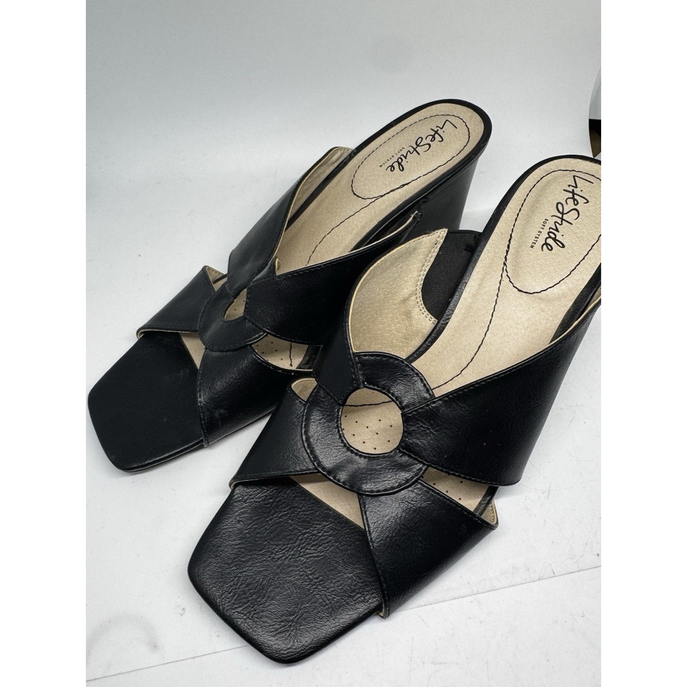 Life Stride Black Leather Sandal/Wedge 3"  Size 11 Summer EUC SB20